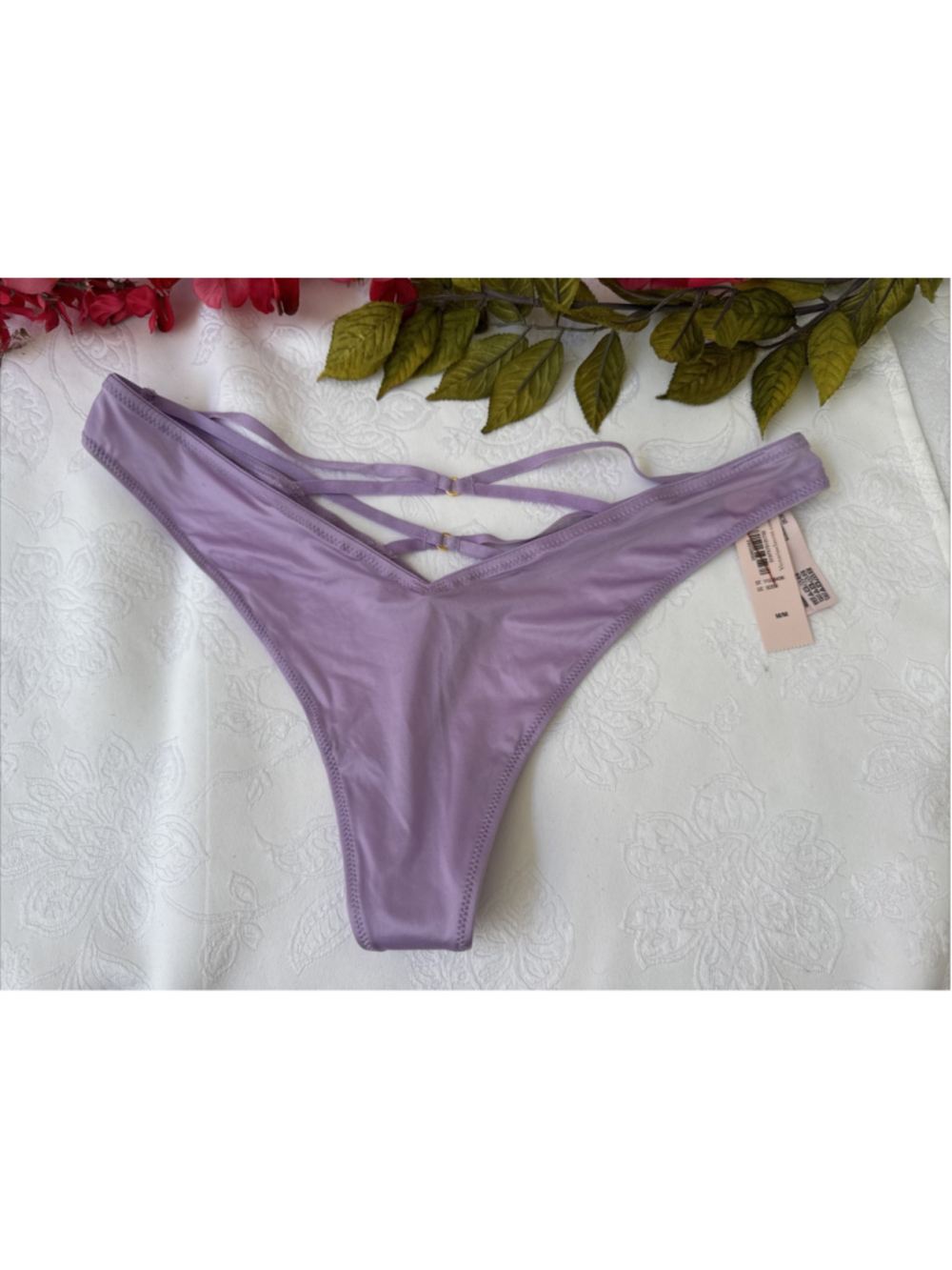 VICTORIA'S SECRET M PURPLE SILKY VERY SEXY STRAPS HI LEG THONG TANGA PANTIES NWT